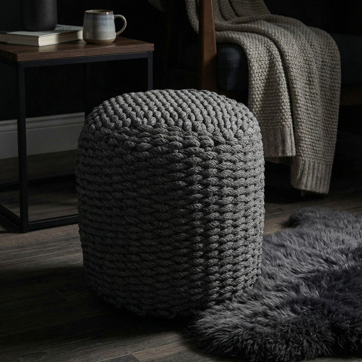 Augusta Round Rope Pouf Ottoman, Grey Fabric