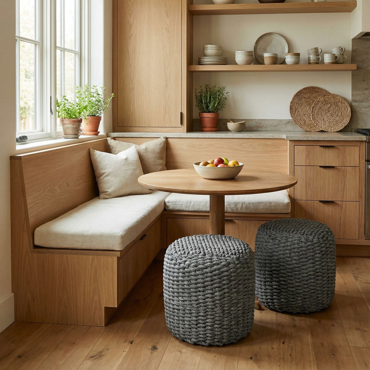 Augusta Round Rope Pouf Ottoman, Grey Fabric