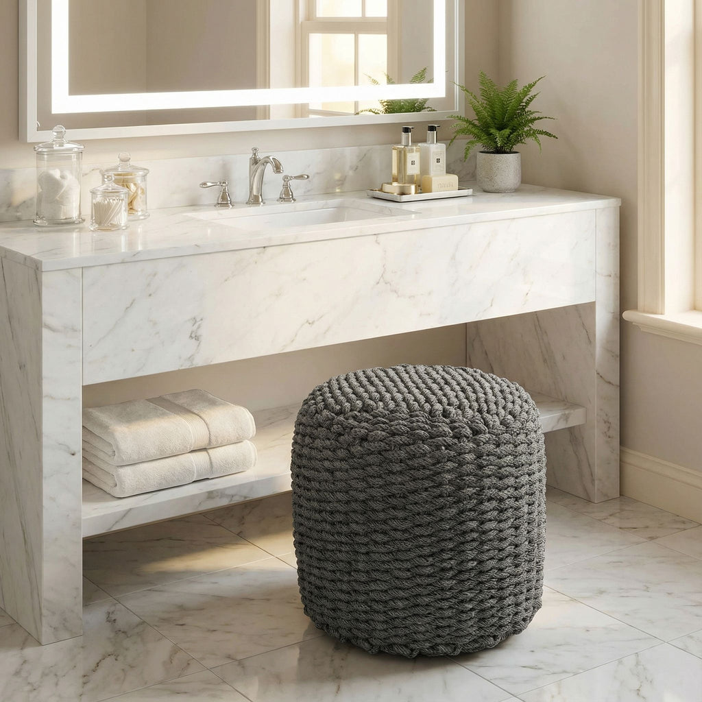 Augusta Round Rope Pouf Ottoman, Grey Fabric