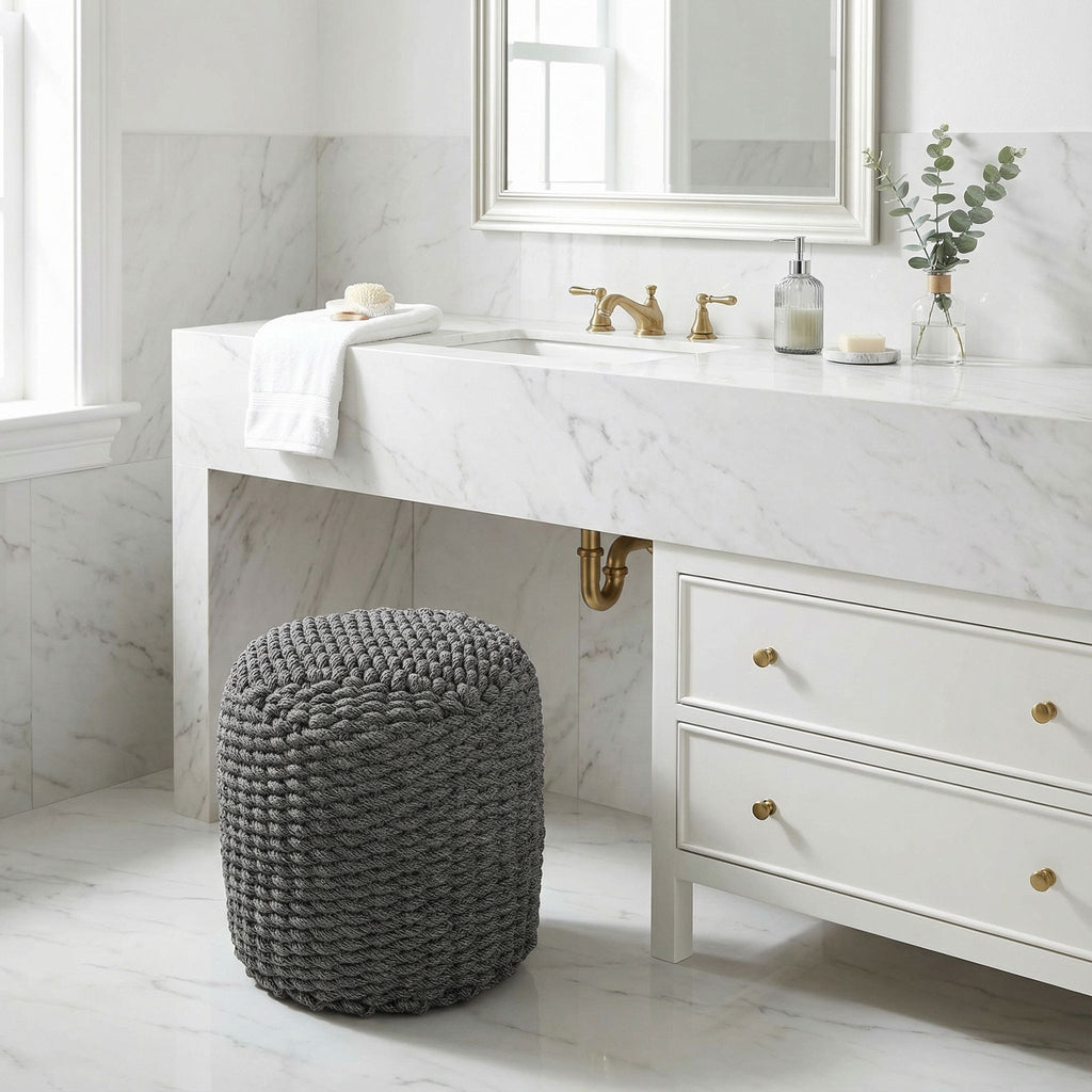 Augusta Round Rope Pouf Ottoman, Grey Fabric