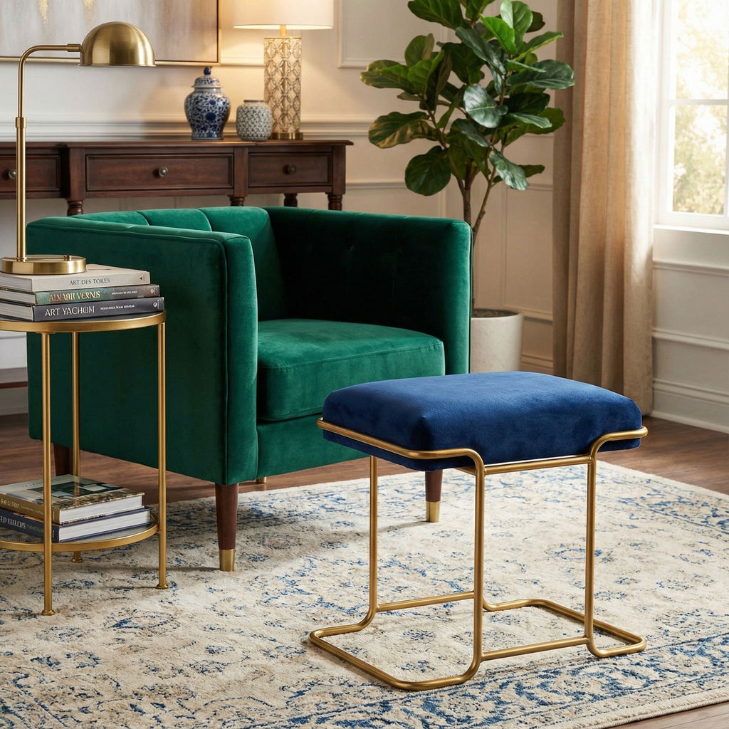 Bluejay Ottoman, Blue Velvet Fabric with Gold Metal Base