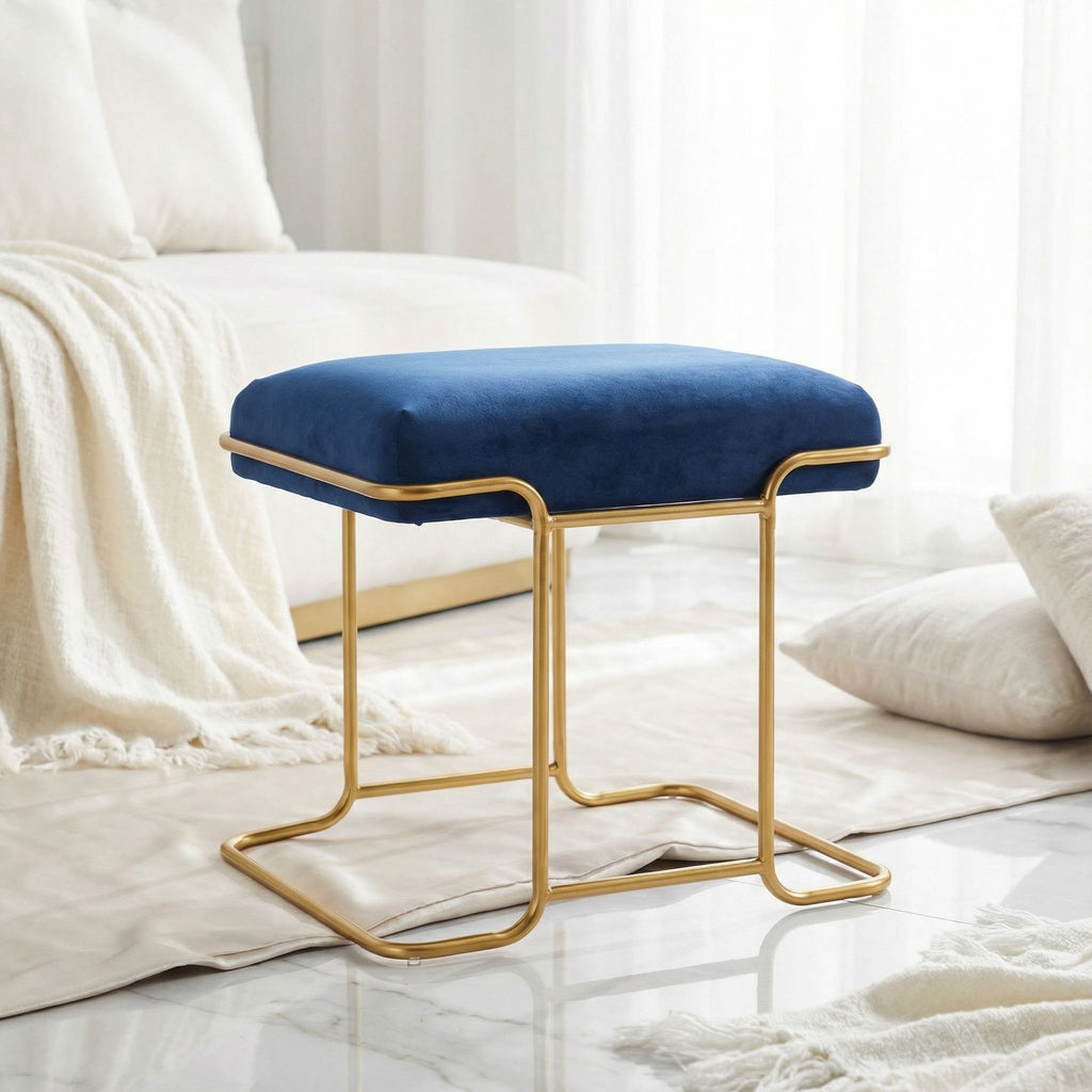Bluejay Ottoman, Blue Velvet Fabric with Gold Metal Base