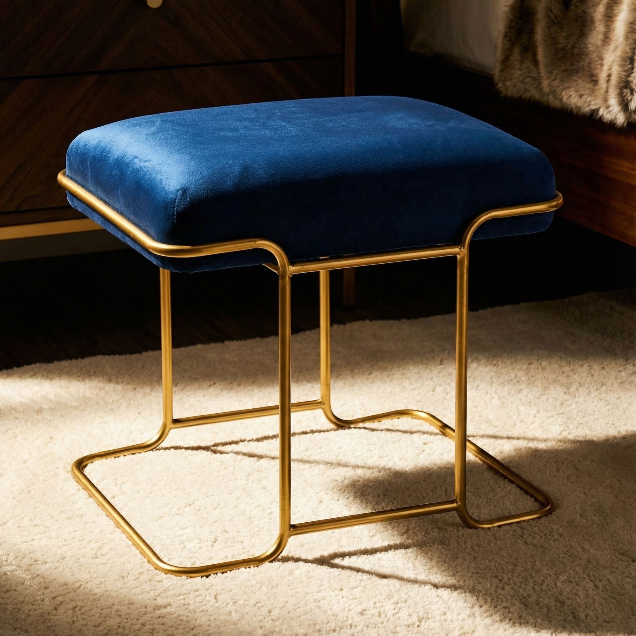 Bluejay Ottoman, Blue Velvet Fabric with Gold Metal Base