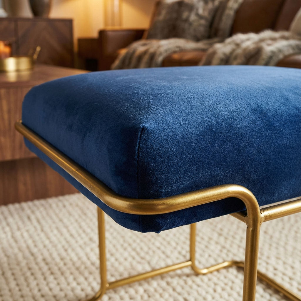 Bluejay Ottoman, Blue Velvet Fabric with Gold Metal Base