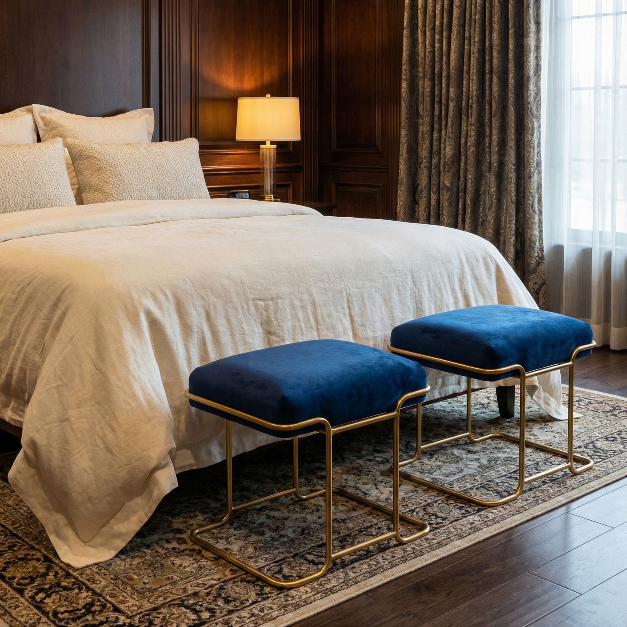 Bluejay Ottoman, Blue Velvet Fabric with Gold Metal Base
