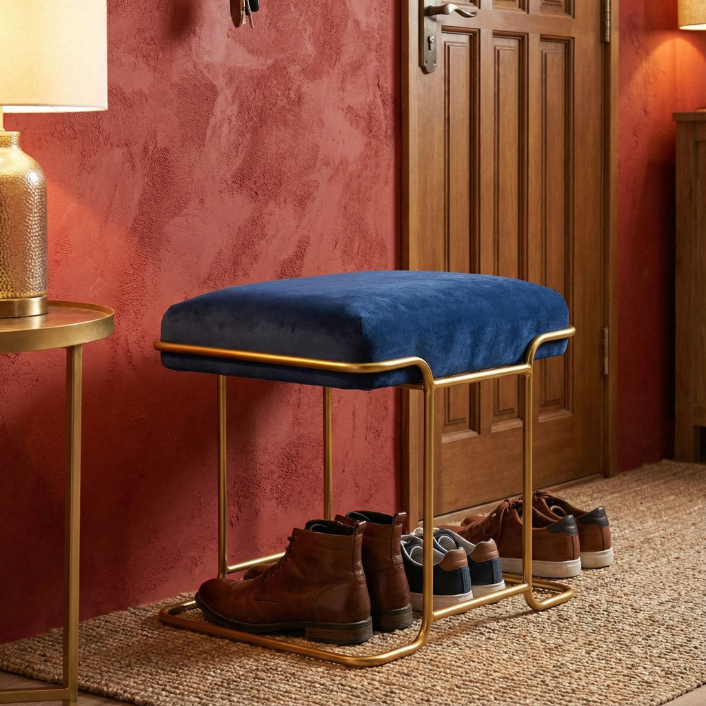 Bluejay Ottoman, Blue Velvet Fabric with Gold Metal Base
