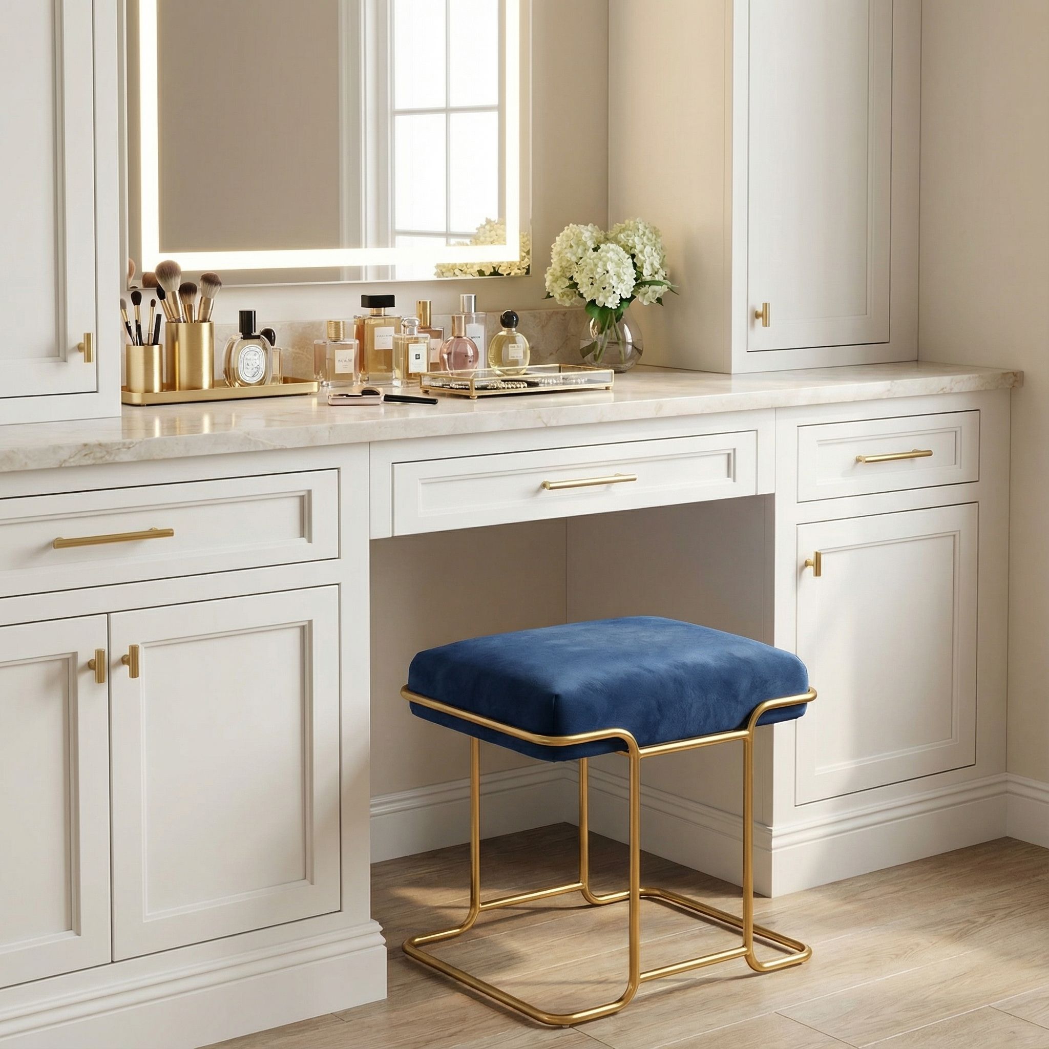 Bluejay Ottoman, Blue Velvet Fabric with Gold Metal Base