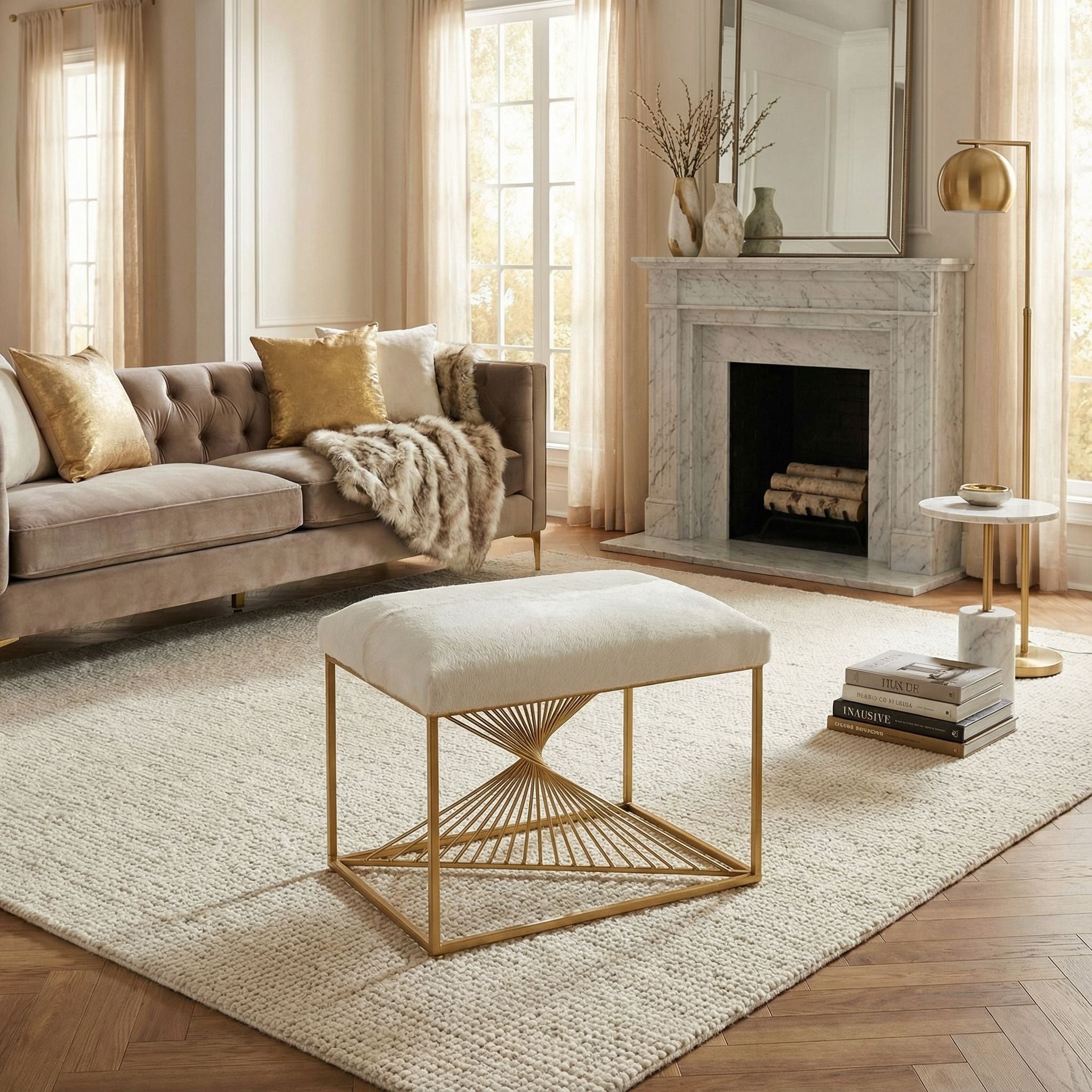 Hedda Ottoman, White & Gold