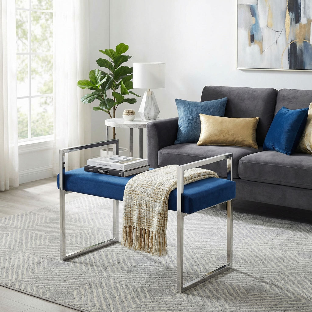 Anna Contemporary Velvet Bench, Blue