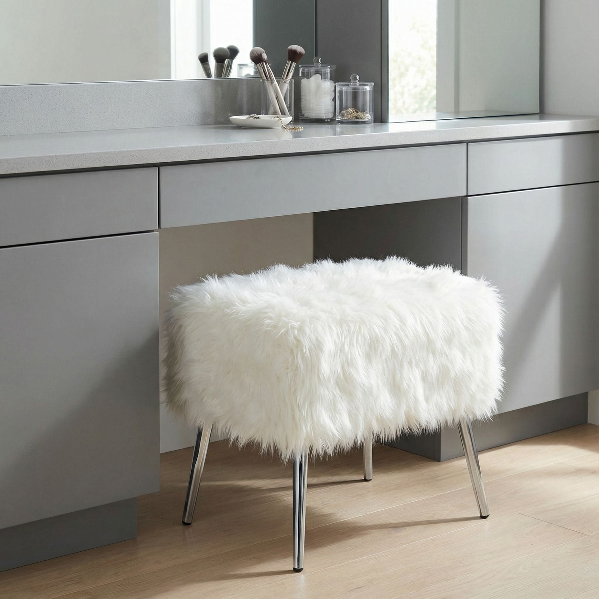 Olivia White Faux Fur Ottoman, 20"