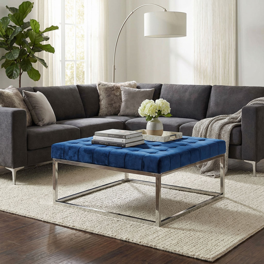 Caroline Tufted Velvet Ottoman, Blue
