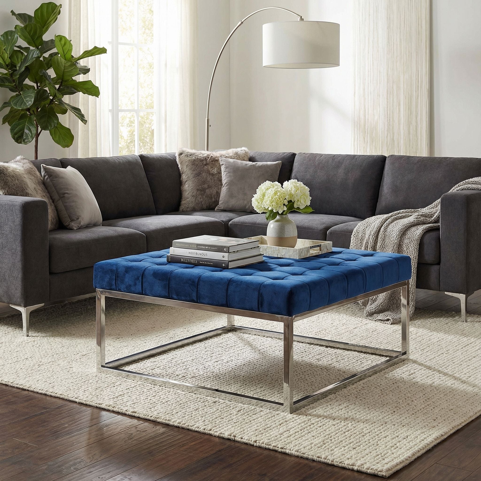 Caroline Tufted Velvet Ottoman, Blue