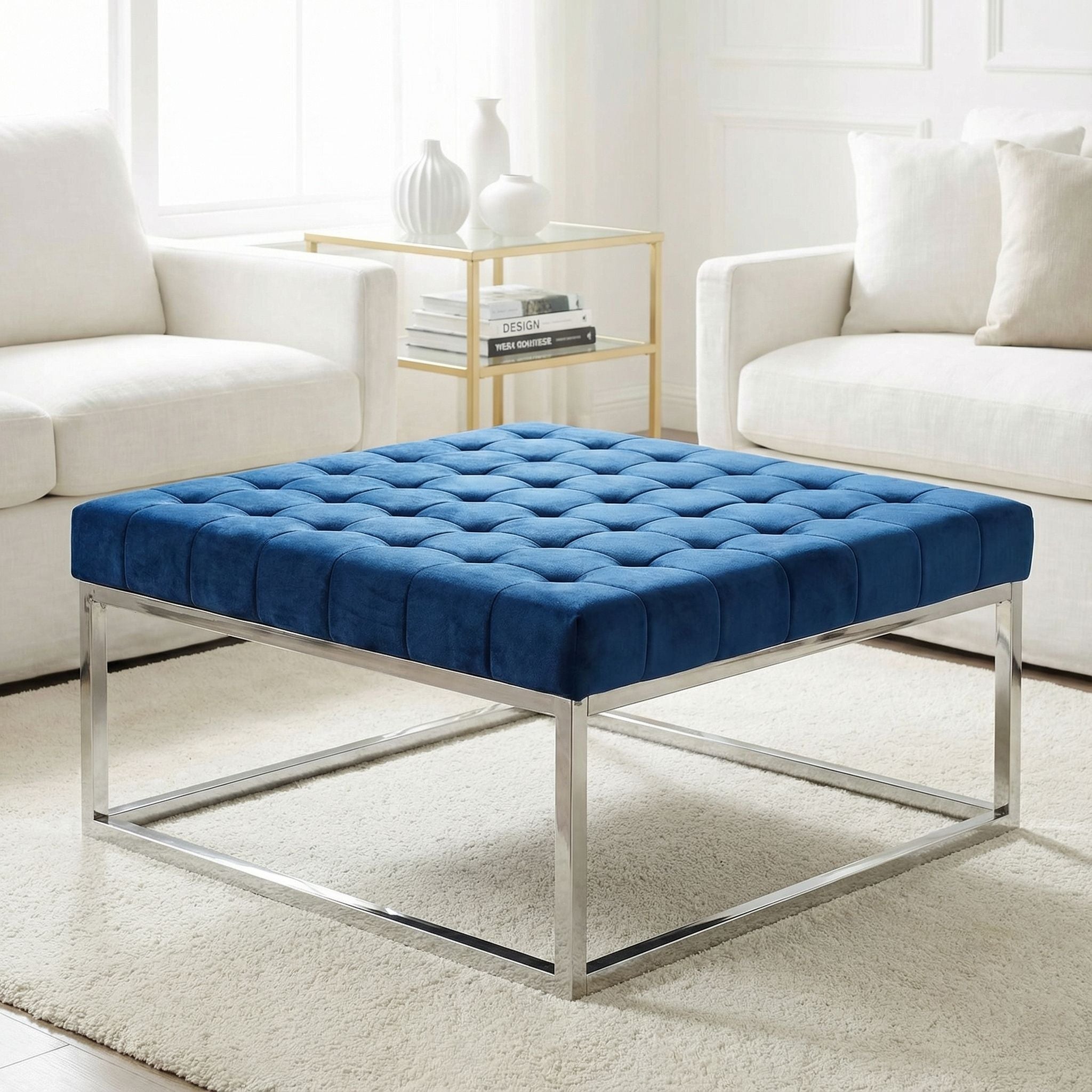 Caroline Tufted Velvet Ottoman, Blue