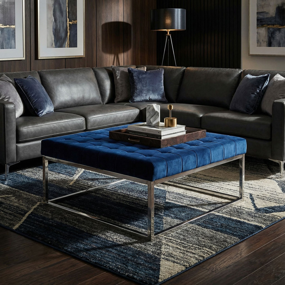 Caroline Tufted Velvet Ottoman, Blue