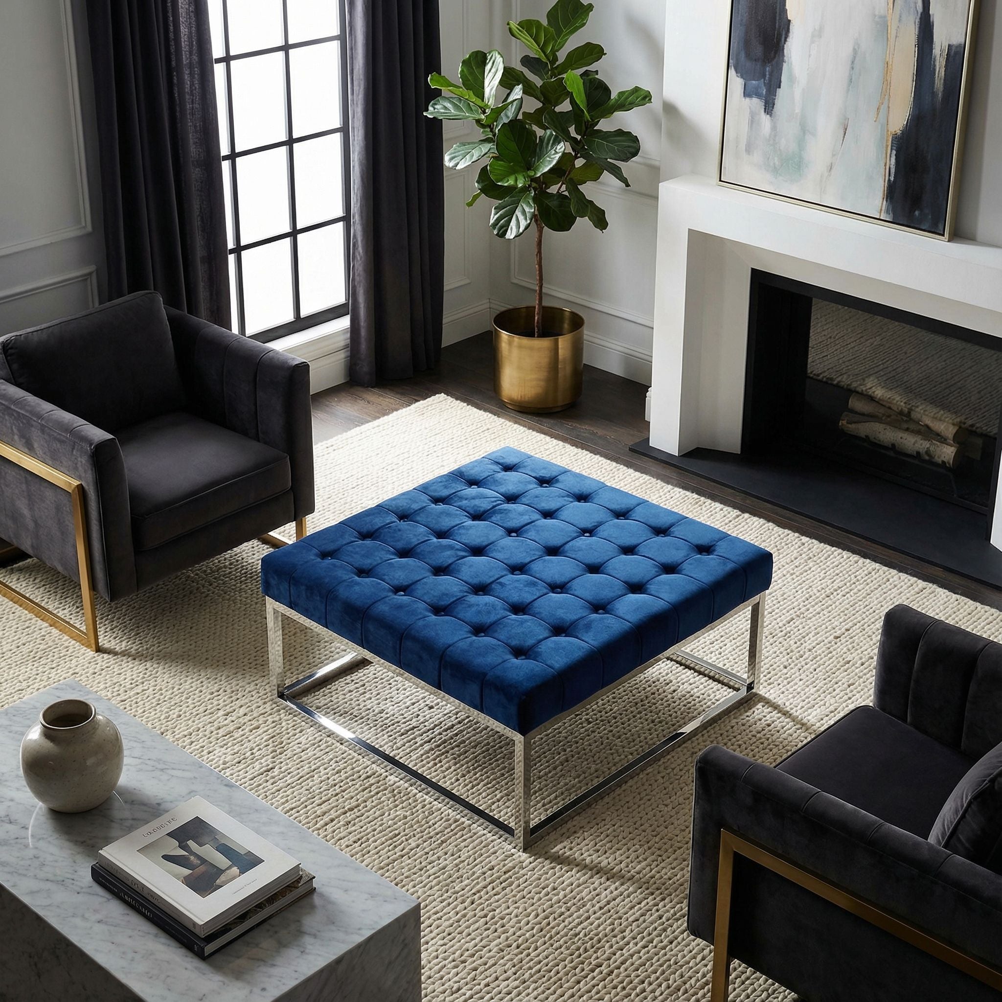 Caroline Tufted Velvet Ottoman, Blue