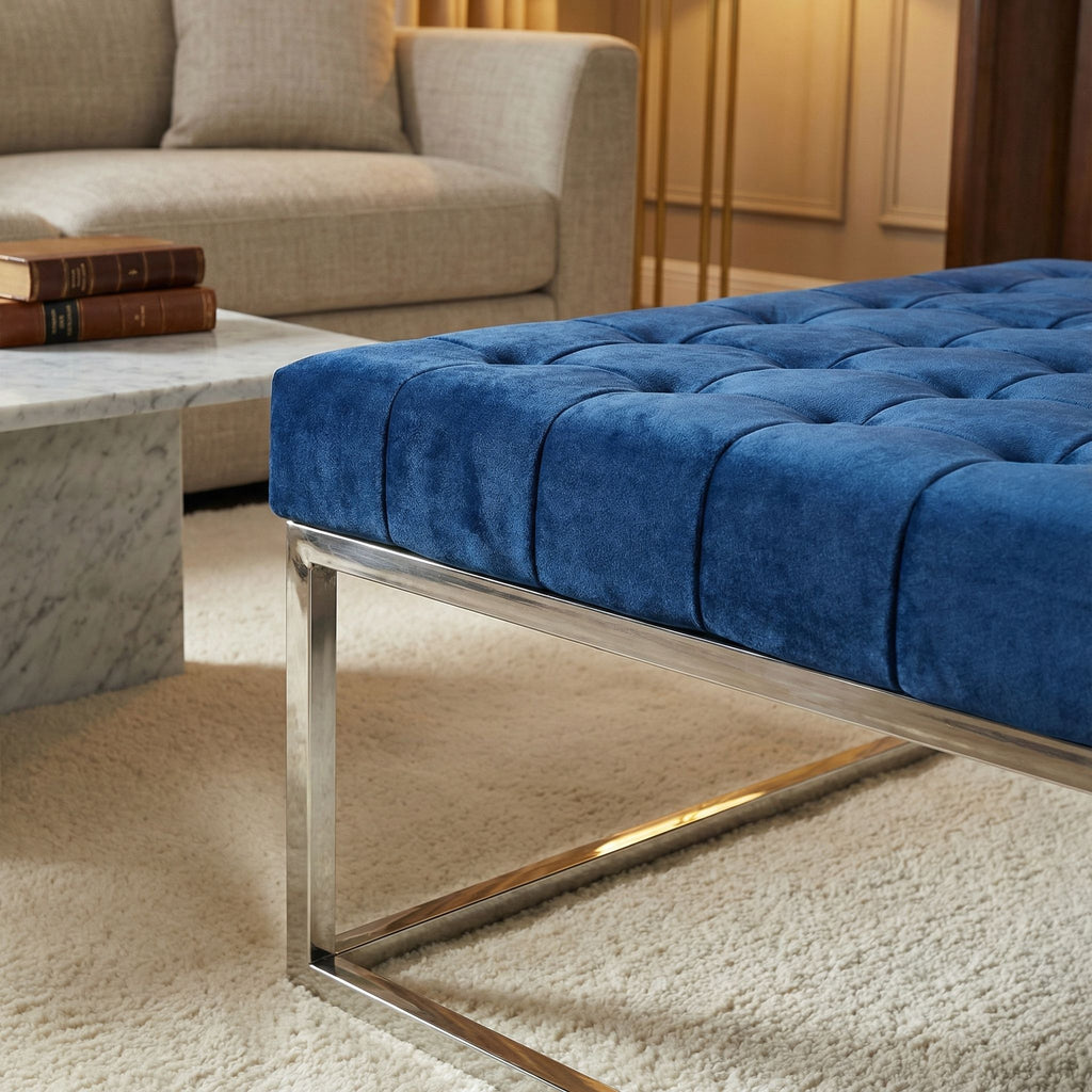 Caroline Tufted Velvet Ottoman, Blue