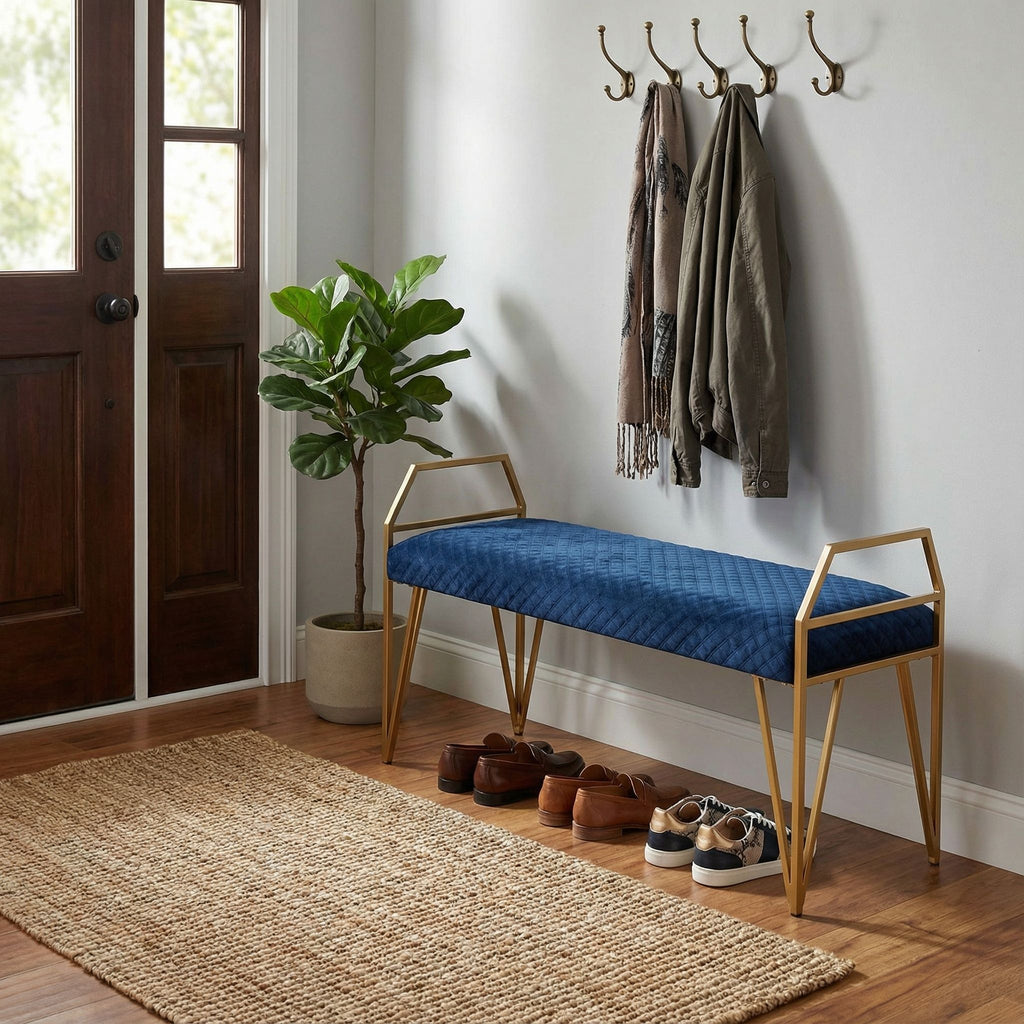 Danica Bench Ottoman, Navy Blue and Gold