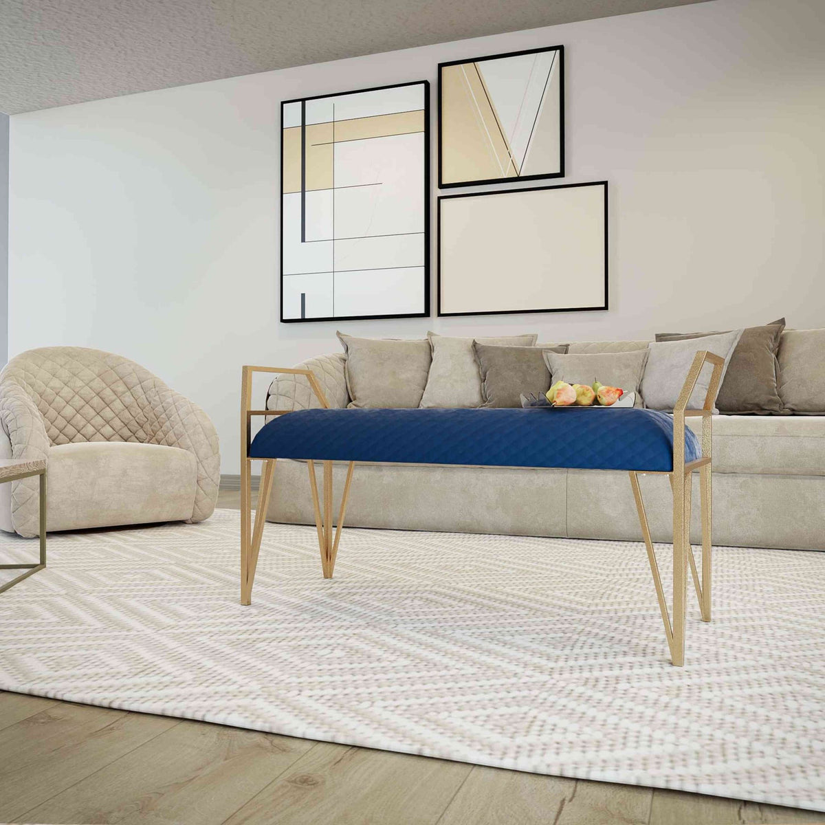 Danica Bench Ottoman, Navy Blue and Gold