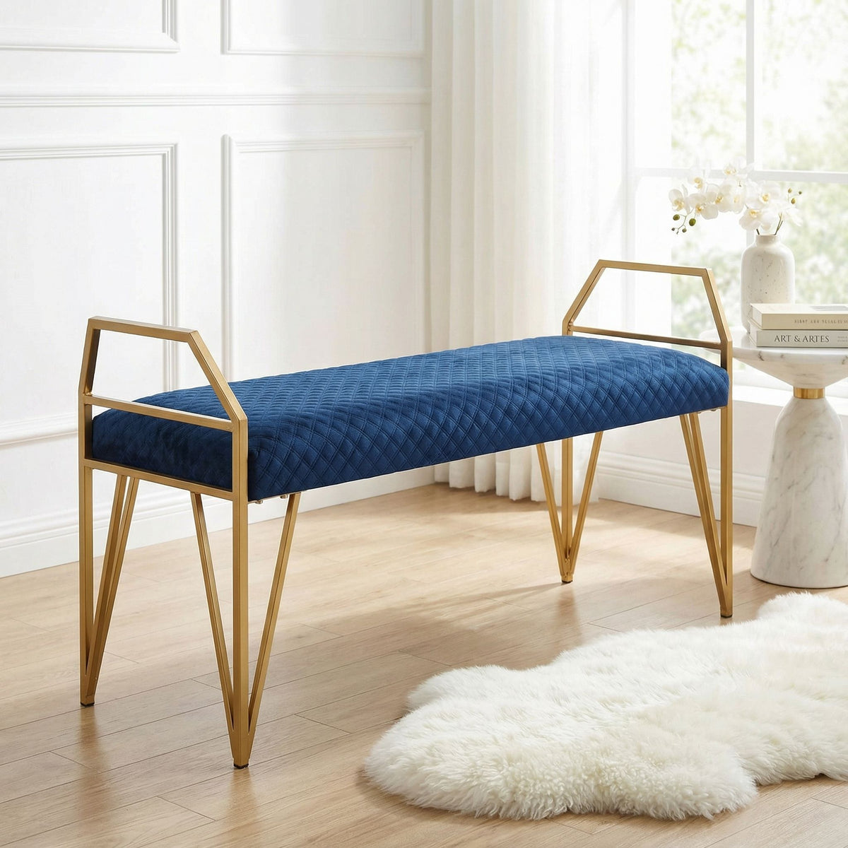 Danica Bench Ottoman, Navy Blue and Gold