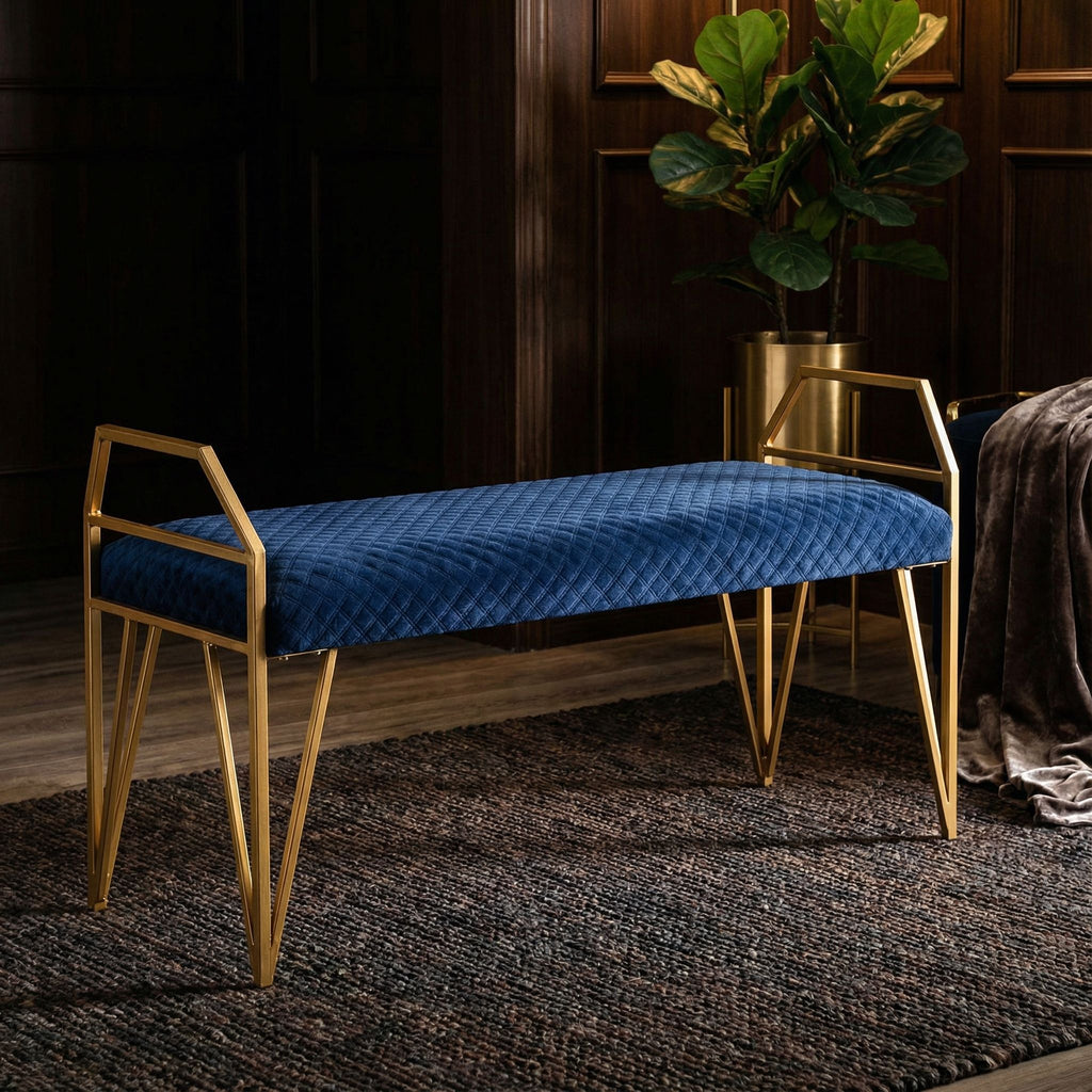 Danica Bench Ottoman, Navy Blue and Gold