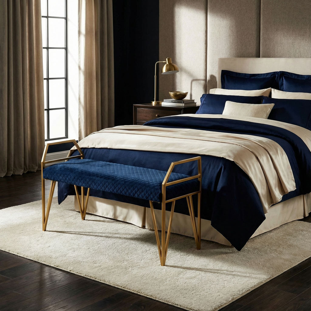 Danica Bench Ottoman, Navy Blue and Gold