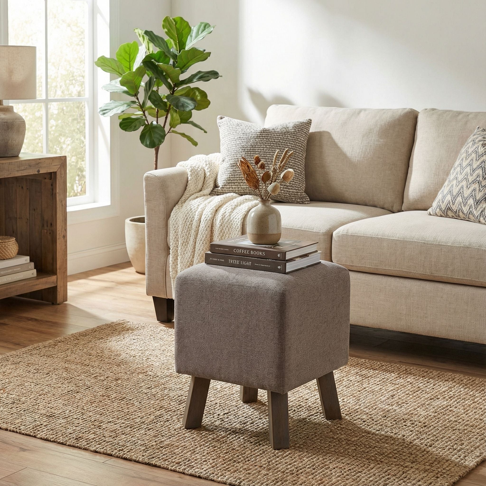 Cuba Square Ottoman, Taupe Fabric with Wood Legs