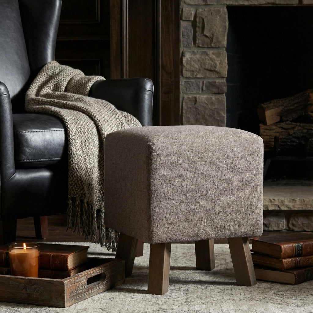 Cuba Square Ottoman, Taupe Fabric with Wood Legs
