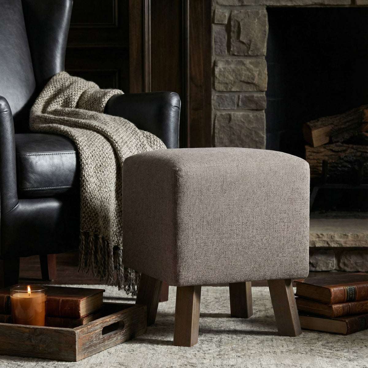 Cuba Square Ottoman, Taupe Fabric with Wood Legs