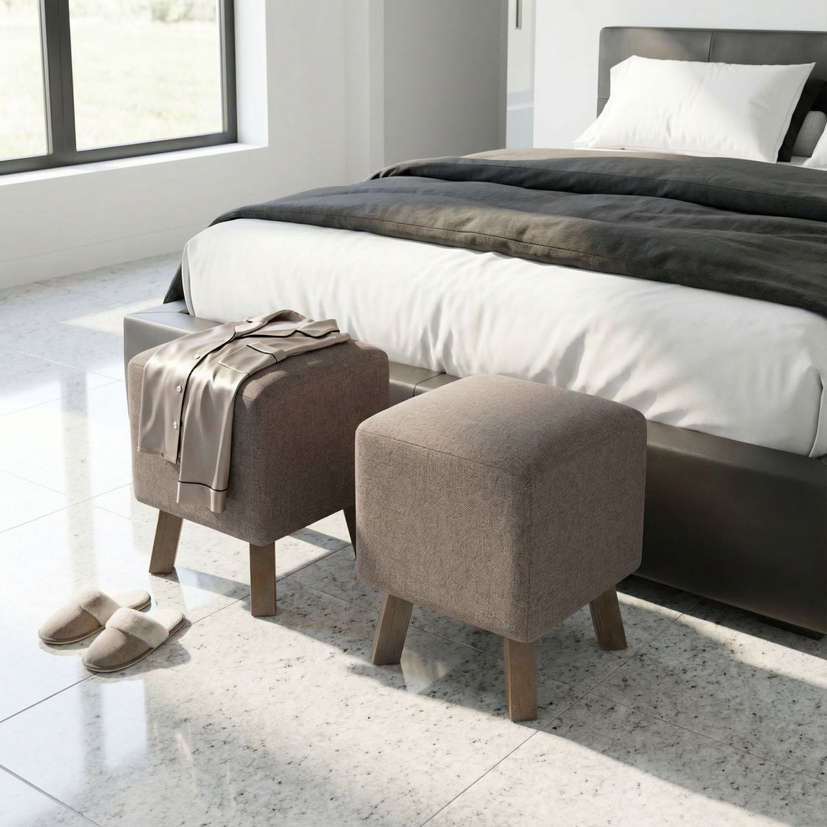 Cuba Square Ottoman, Taupe Fabric with Wood Legs