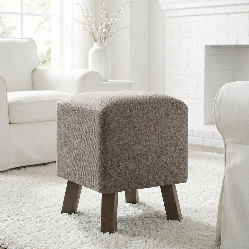 Cuba Square Ottoman, Taupe Fabric with Wood Legs