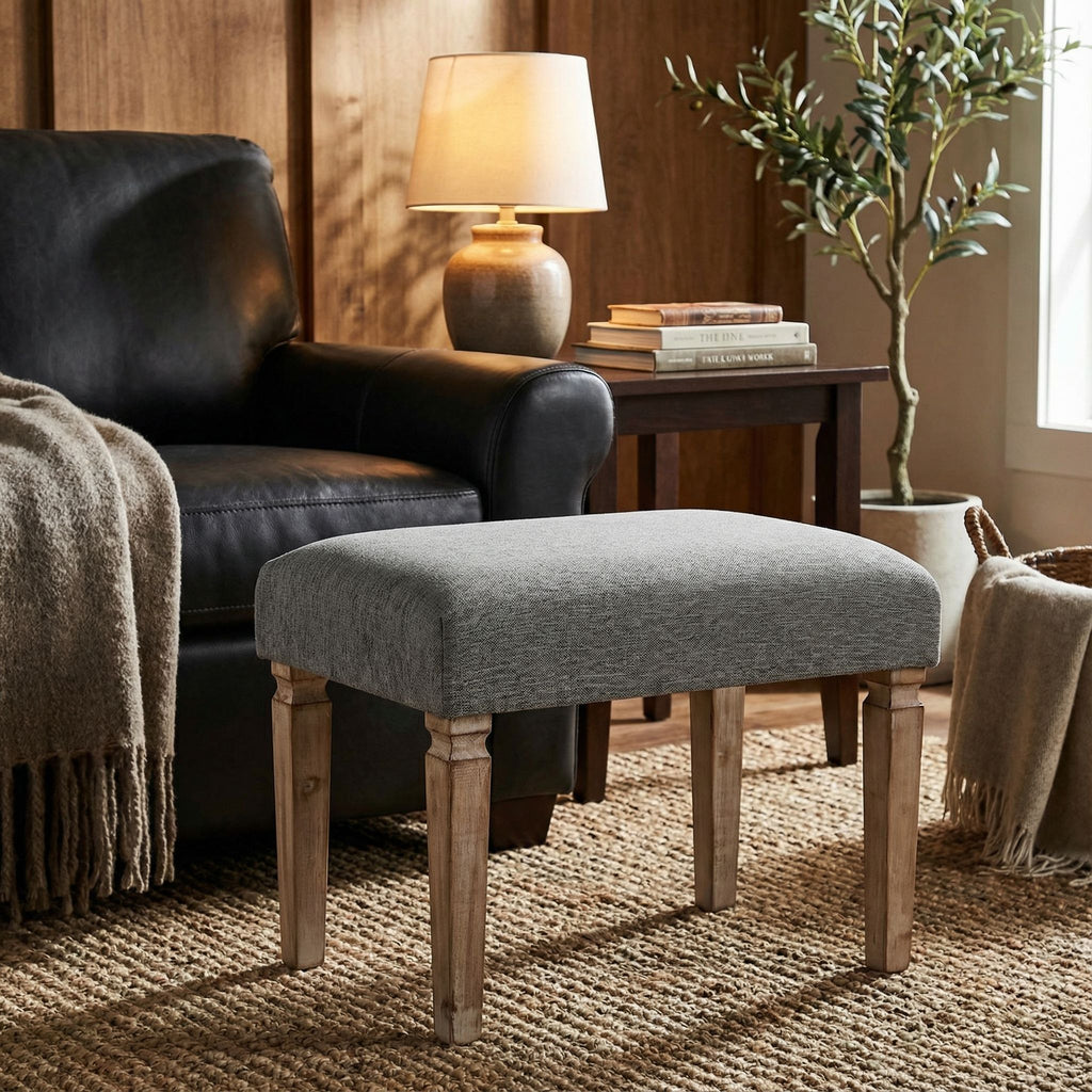 Cortesi Home Oslo Grey Fabric Ottoman with Wooden Legs