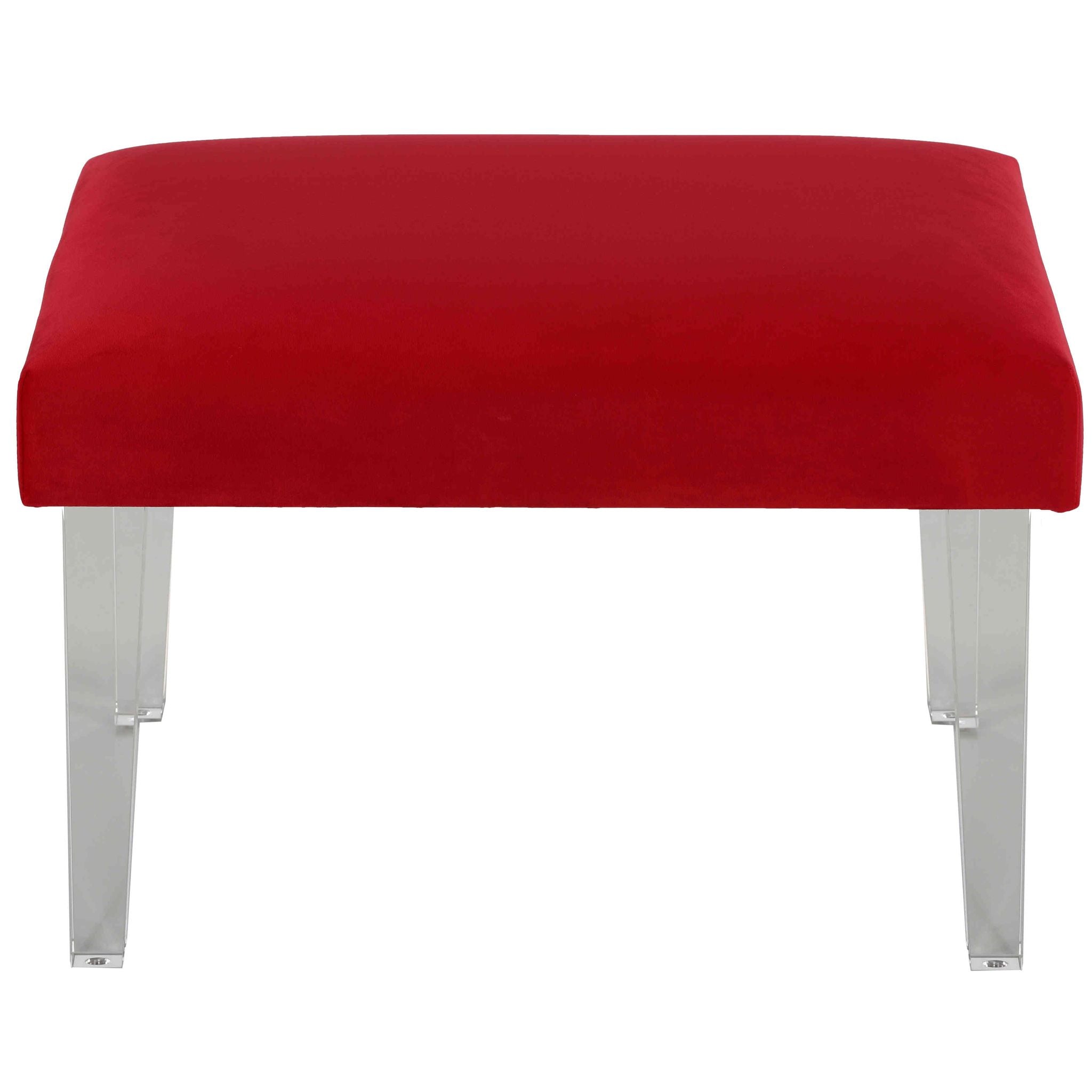 Whitecrest Bench Ottoman with Clear Acrylic Legs 24" Wide, Red Velvet