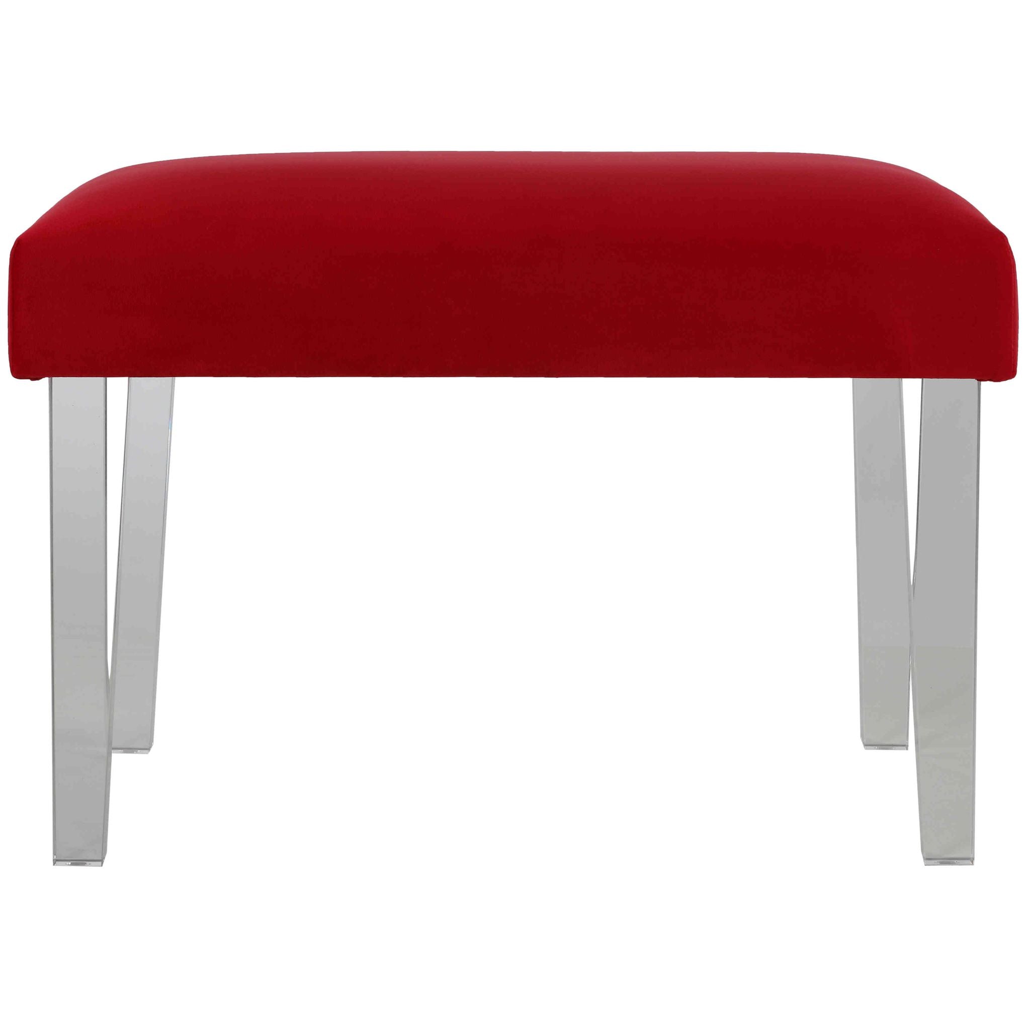 Whitecrest Bench Ottoman with Clear Acrylic Legs 24" Wide, Red Velvet