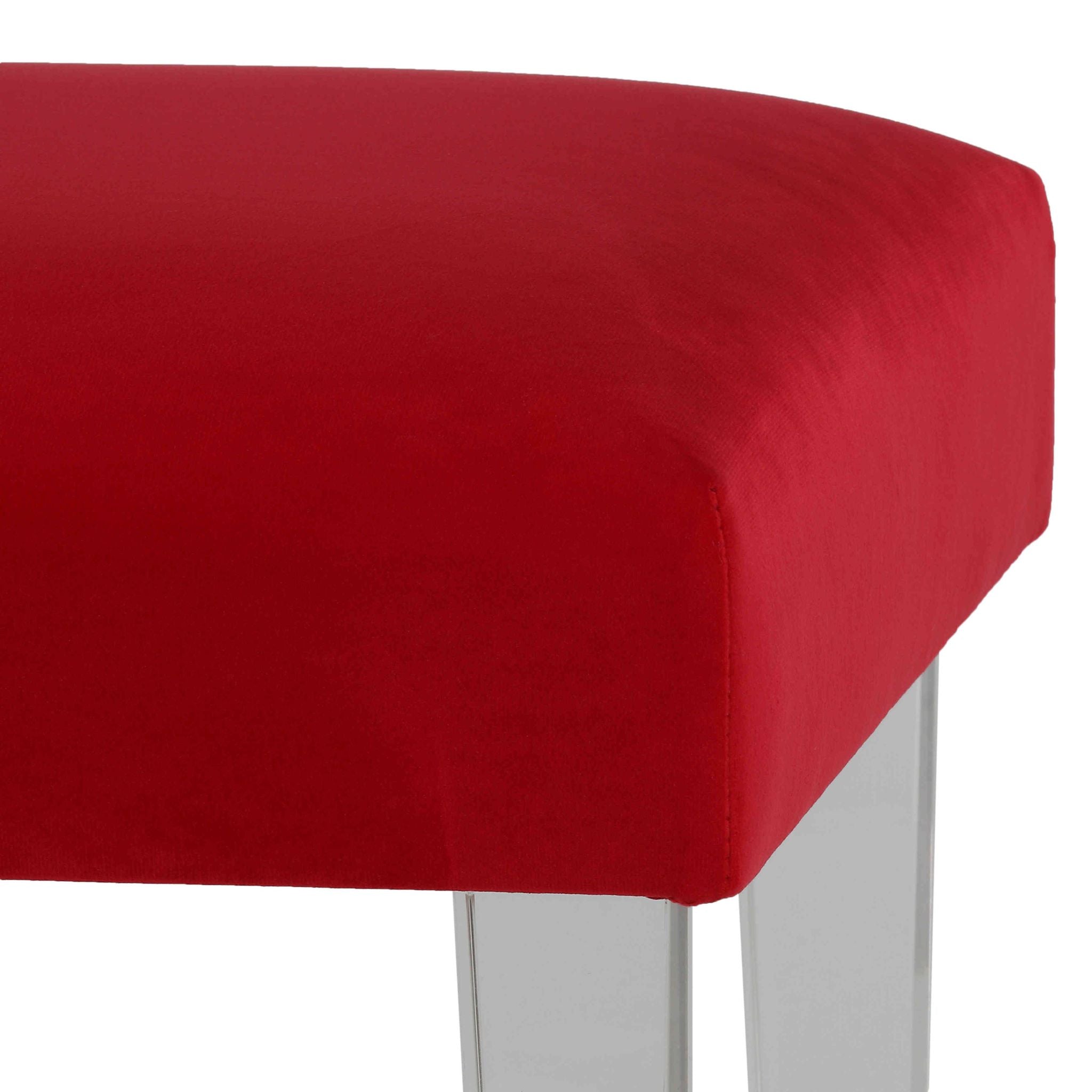 Whitecrest Bench Ottoman with Clear Acrylic Legs 24" Wide, Red Velvet