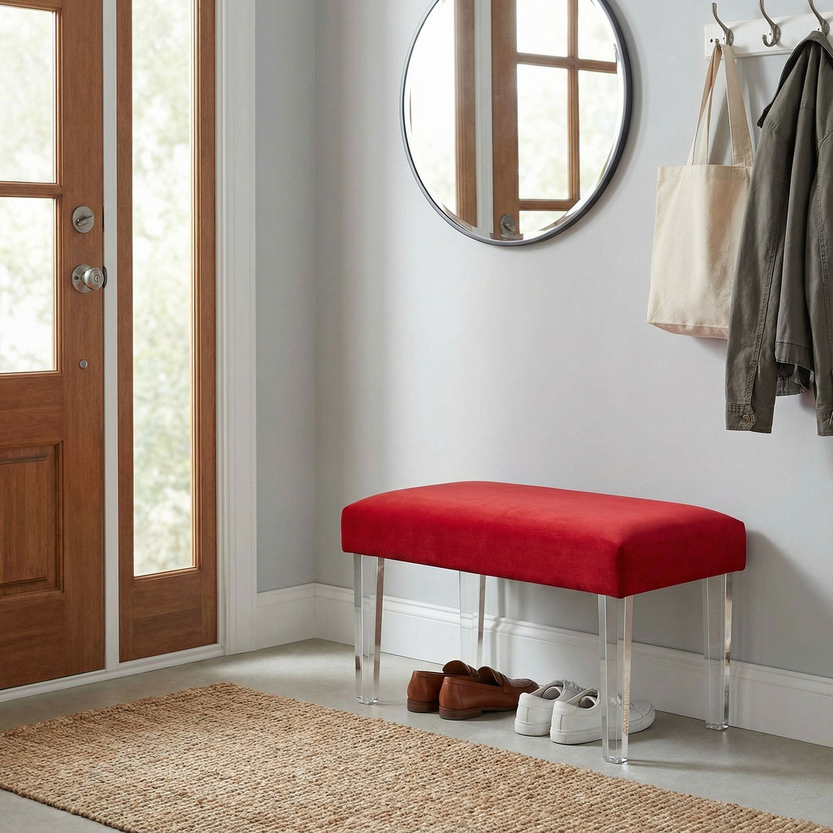 Whitecrest Bench Ottoman with Clear Acrylic Legs 24" Wide, Red Velvet