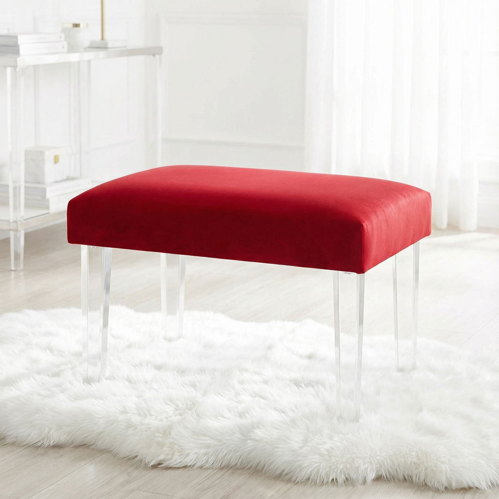 Whitecrest Bench Ottoman with Clear Acrylic Legs 24" Wide, Red Velvet