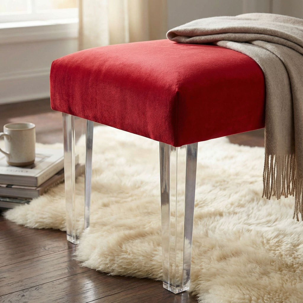 Whitecrest Bench Ottoman with Clear Acrylic Legs 24" Wide, Red Velvet