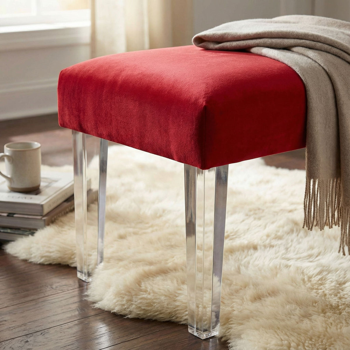 Whitecrest Bench Ottoman with Clear Acrylic Legs 24" Wide, Red Velvet