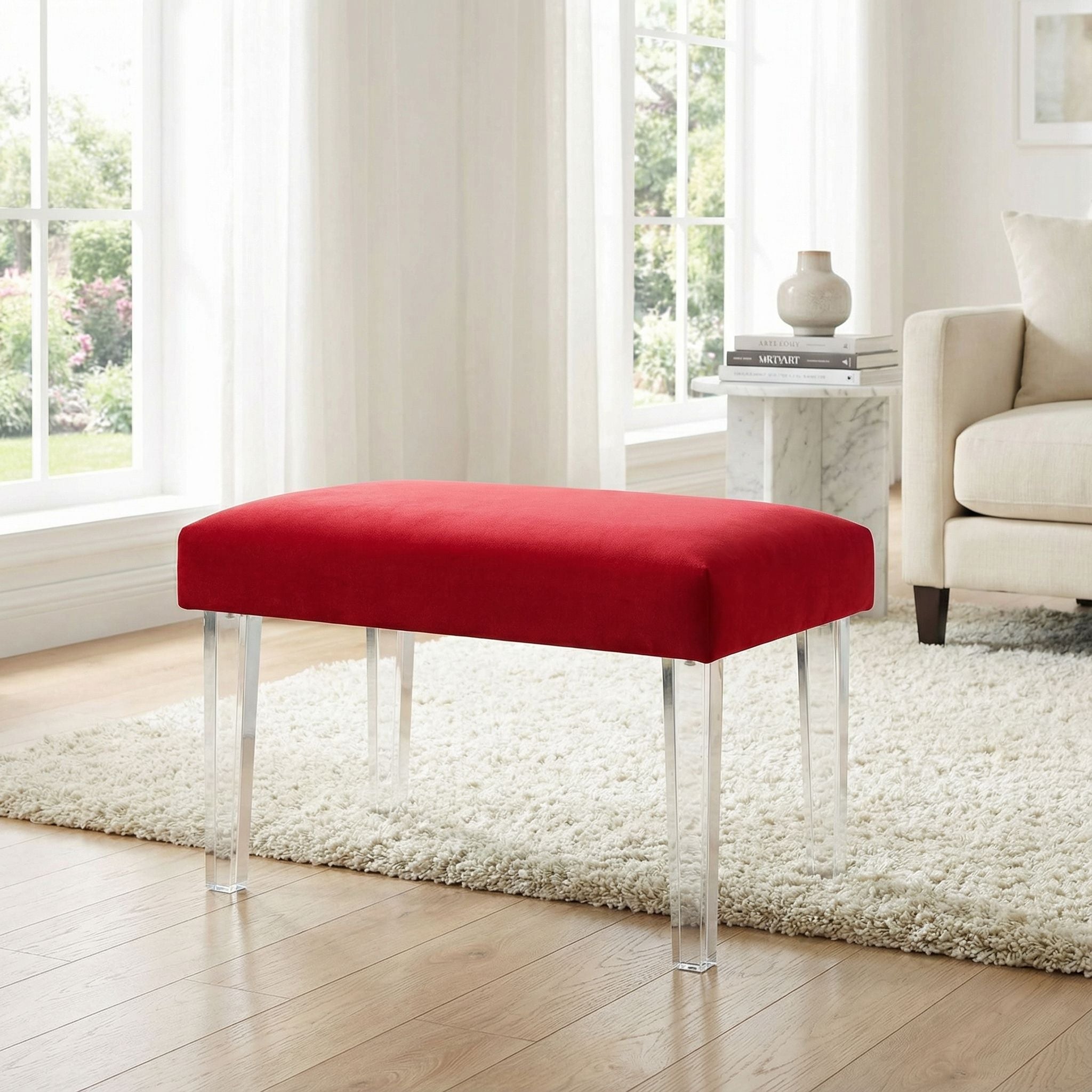 Whitecrest Bench Ottoman with Clear Acrylic Legs 24" Wide, Red Velvet