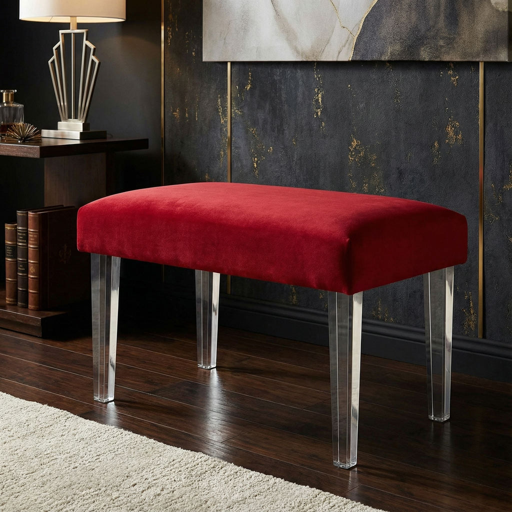 Whitecrest Bench Ottoman with Clear Acrylic Legs 24" Wide, Red Velvet