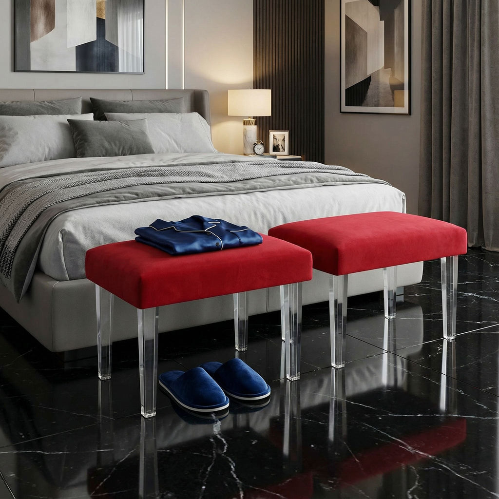 Whitecrest Bench Ottoman with Clear Acrylic Legs 24" Wide, Red Velvet