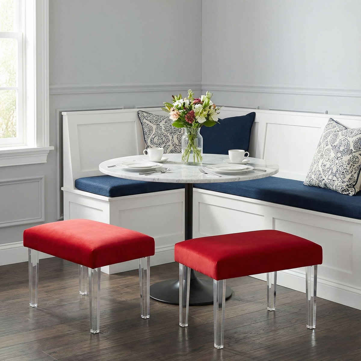 Whitecrest Bench Ottoman with Clear Acrylic Legs 24" Wide, Red Velvet