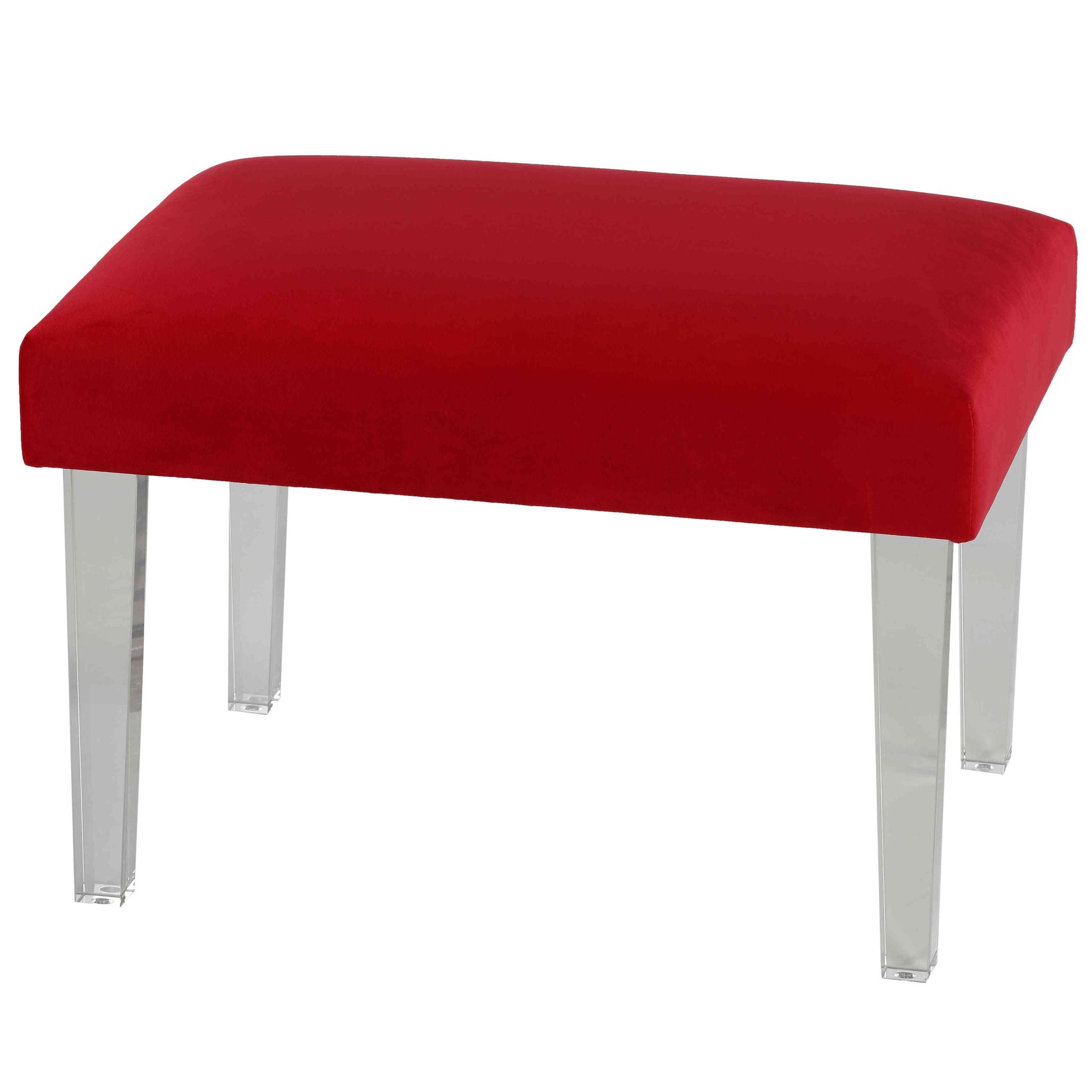Whitecrest Bench Ottoman with Clear Acrylic Legs 24" Wide, Red Velvet