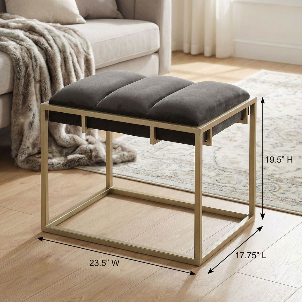 Bourne Rectangular Ottoman 20", Gray Velvet and Champagne Gold Metal