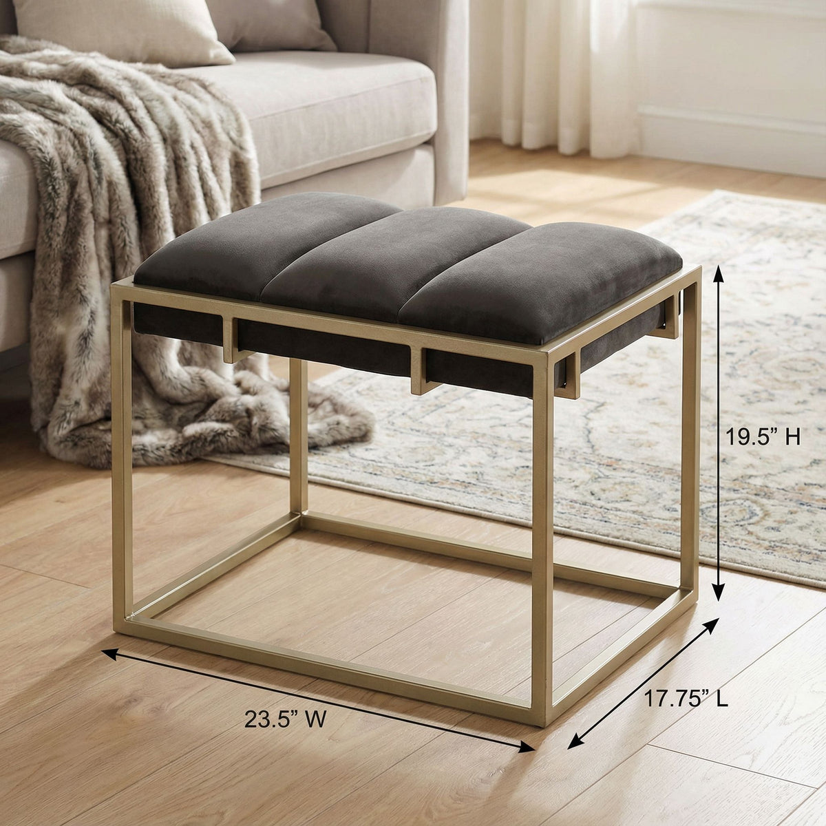 Bourne Rectangular Ottoman 20", Gray Velvet and Champagne Gold Metal