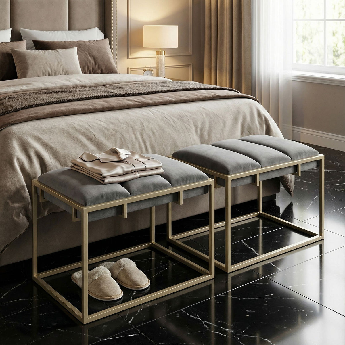 Bourne Rectangular Ottoman 20", Gray Velvet and Champagne Gold Metal
