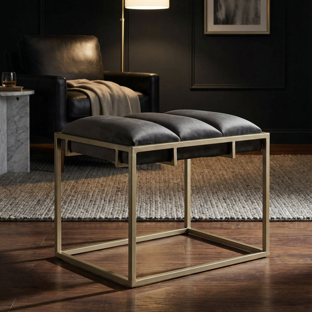 Bourne Rectangular Ottoman 20", Gray Velvet and Champagne Gold Metal