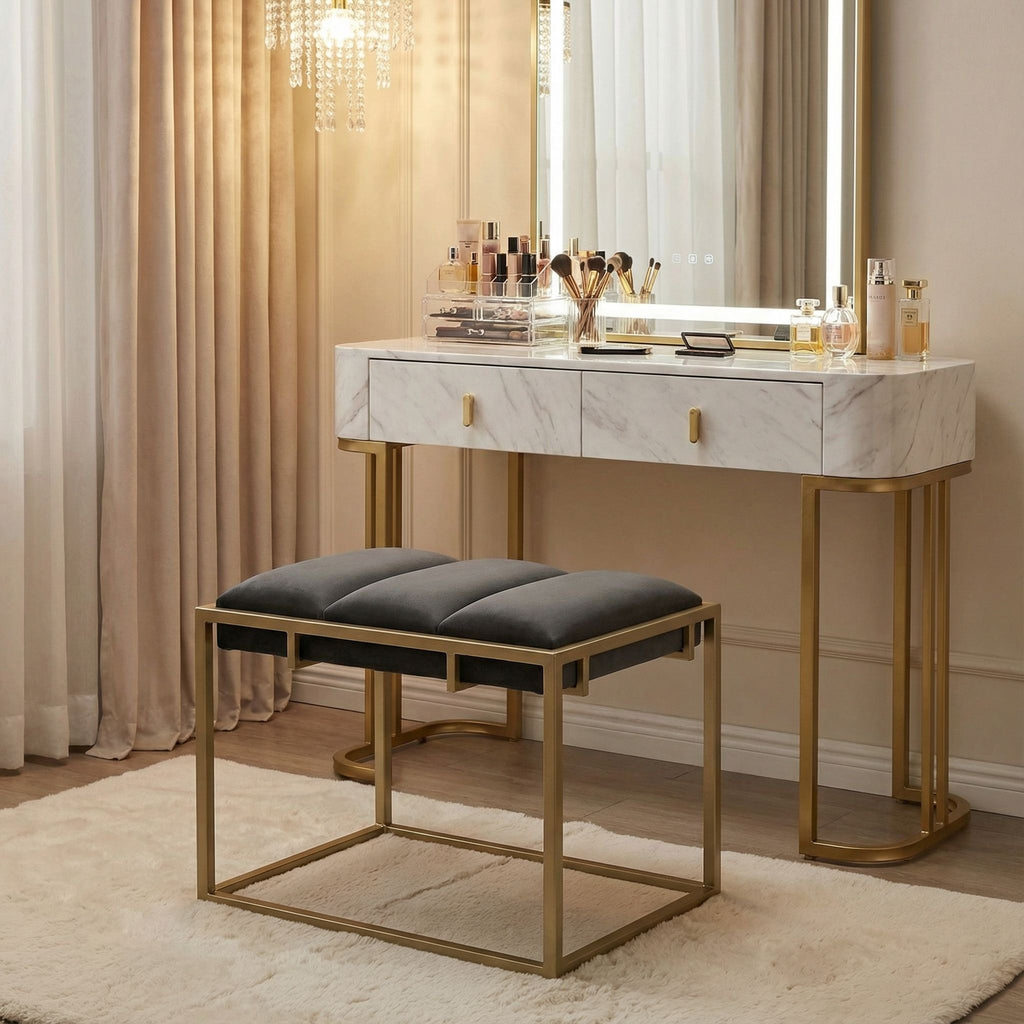 Bourne Rectangular Ottoman 20", Gray Velvet and Champagne Gold Metal
