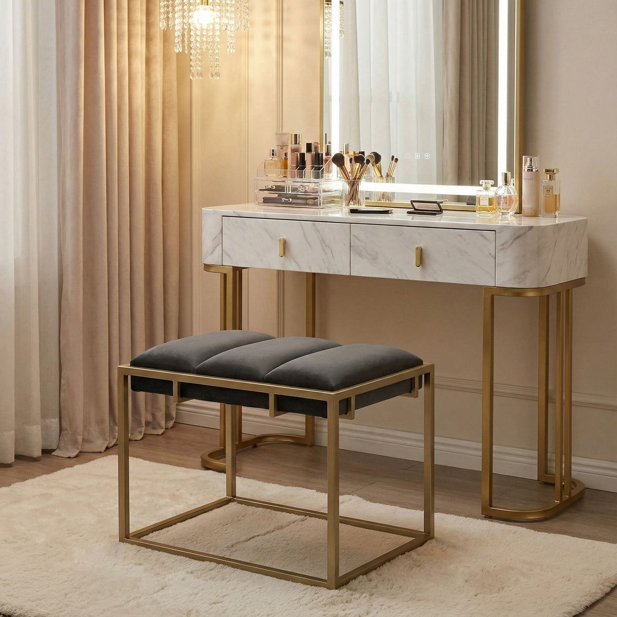 Bourne Rectangular Ottoman 20", Gray Velvet and Champagne Gold Metal