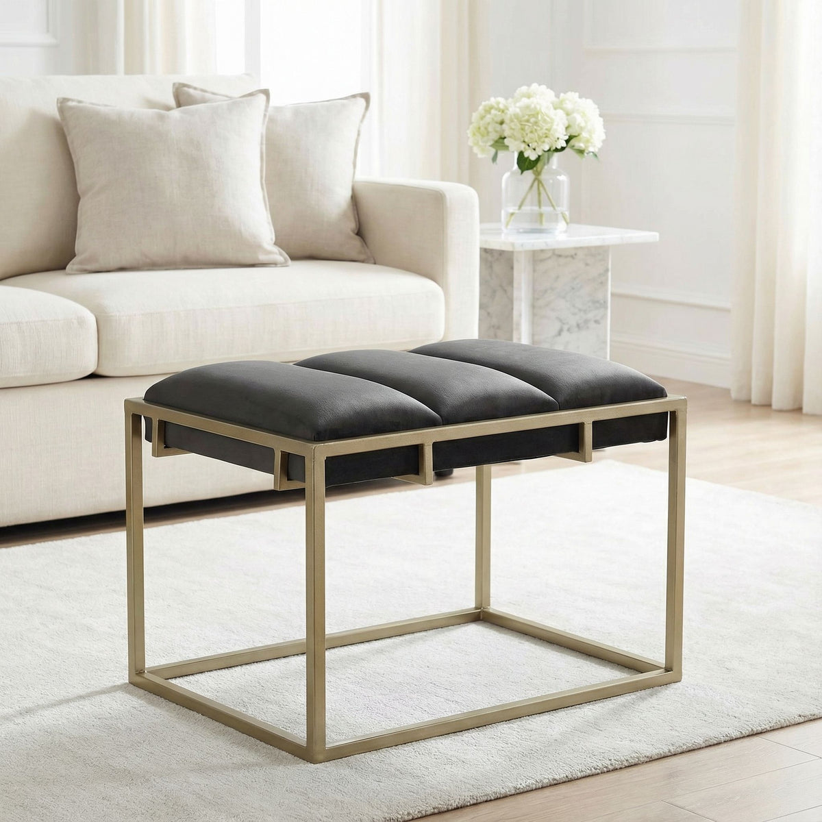 Bourne Rectangular Ottoman 20", Gray Velvet and Champagne Gold Metal